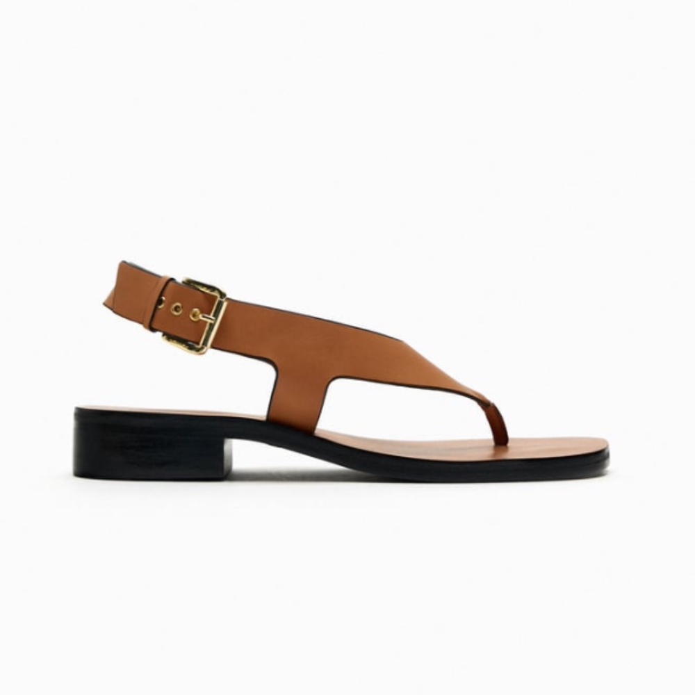 Zara Leather Sandals Cognac with Black Edging and Gold Hardware